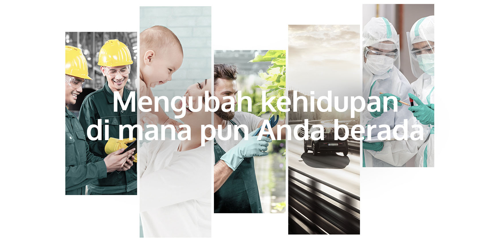 Kolase pekerja pabrik, bayi, dokter bedah, interior mobil, dan pekerja medis ber-APD yang merepresentasikan aplikasi produk nonwoven